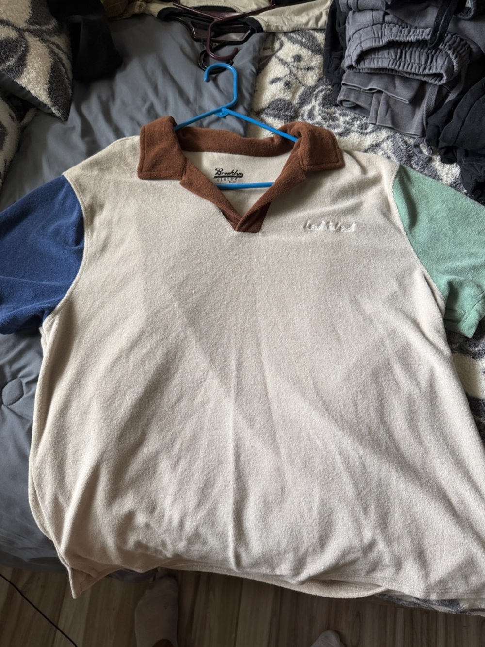 Brooklyn Cloth Cream Polo with Brown Collar and Blue & Mint Sleeves